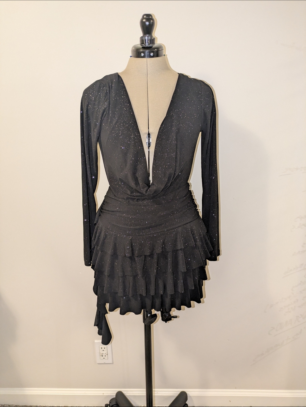 Black Sparkle Long-Sleeve Ruffle Mini Dress